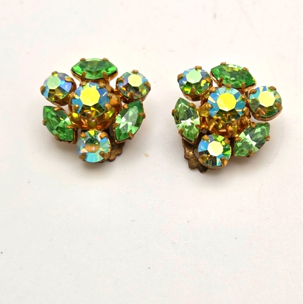 Vintage Austria 50's Aurora Borealis Rhinestone Clip On Earrings